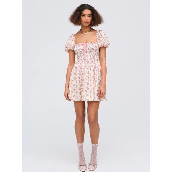 For Love & Lemons Etienne Pink Floral Coquette Puff Sleeve Mini Dress NWT Small - Picture 9 of 15
